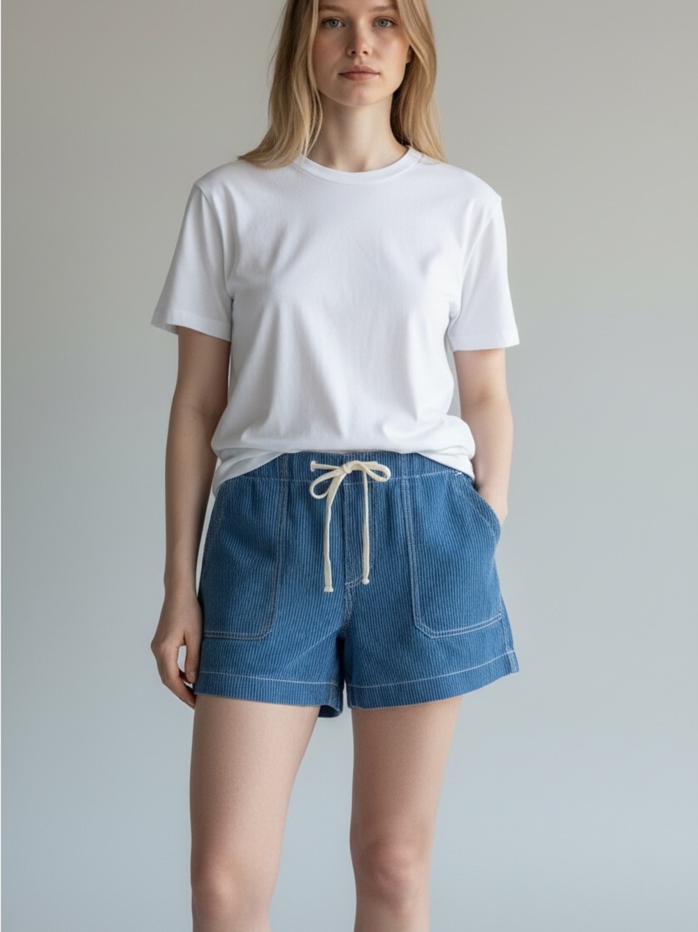 Loft Striped Denim Pull On High Rise Shorts Size L